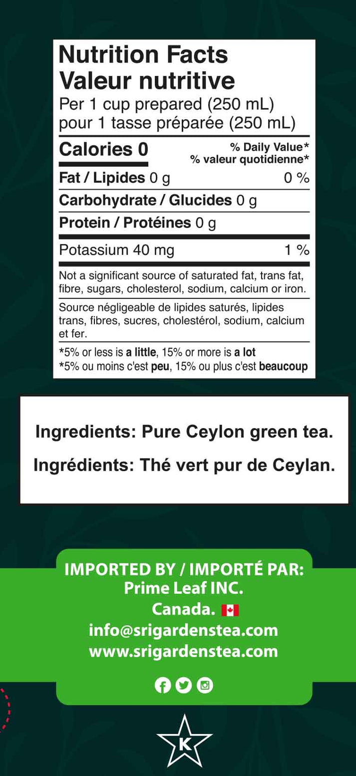 Sri Gardens Pure Green 100% Pure Ceylon Tea 20 CT