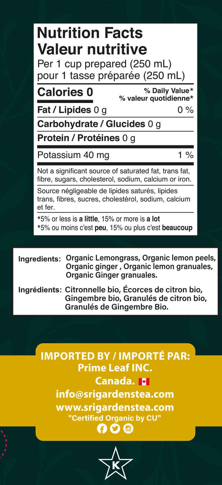 Sri Gardens Organic Lemon Ginger Herbal Tea 20 CT