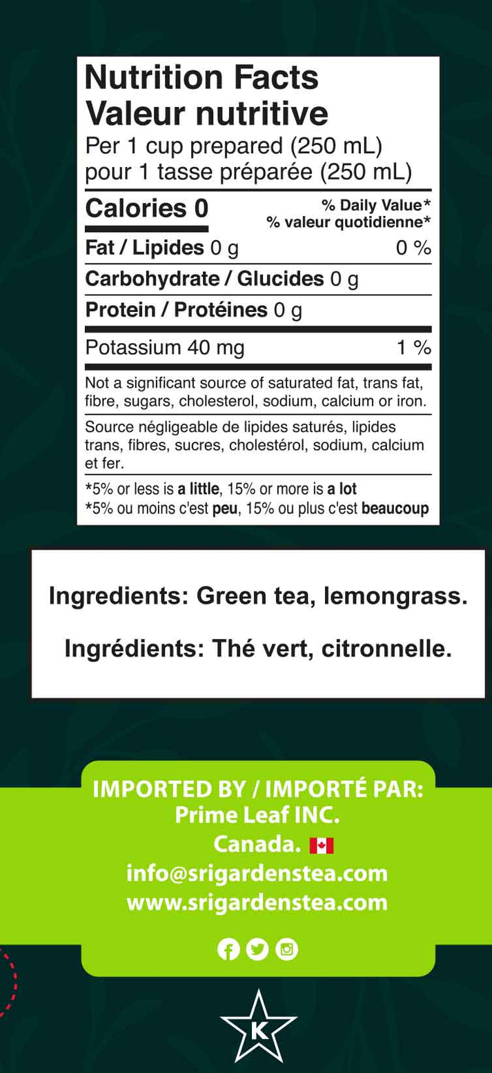 Sri Gardens Organic Lemongrass Green Tea 20 CT